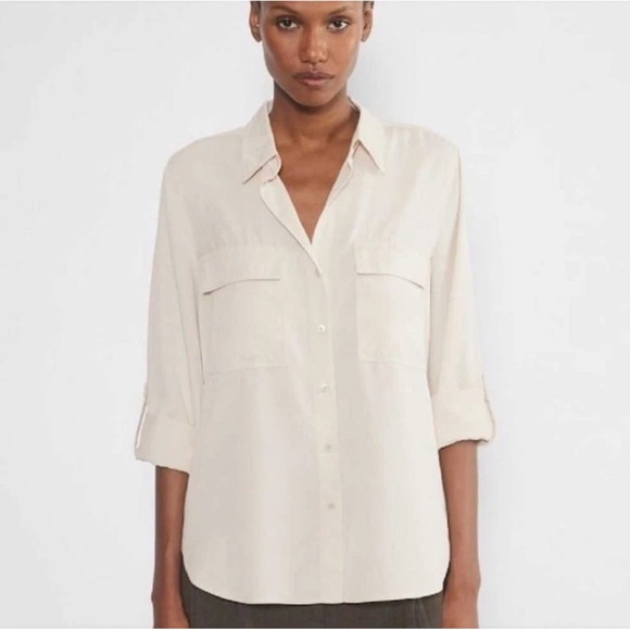 Babaton Aritzia Women's Utility Shirt Long Sleeve Roll Tab Cotton Ivory Size XXS - Picture 1 of 14